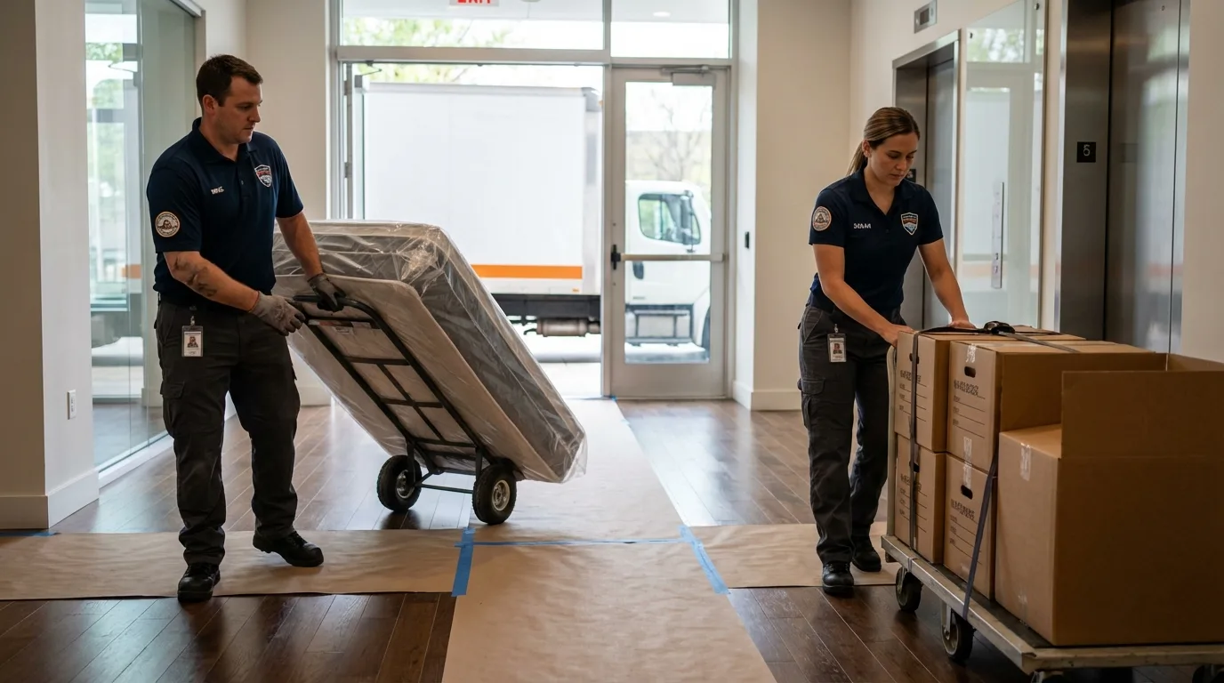 Professional apartment movers loading elevator in Lyman, SC